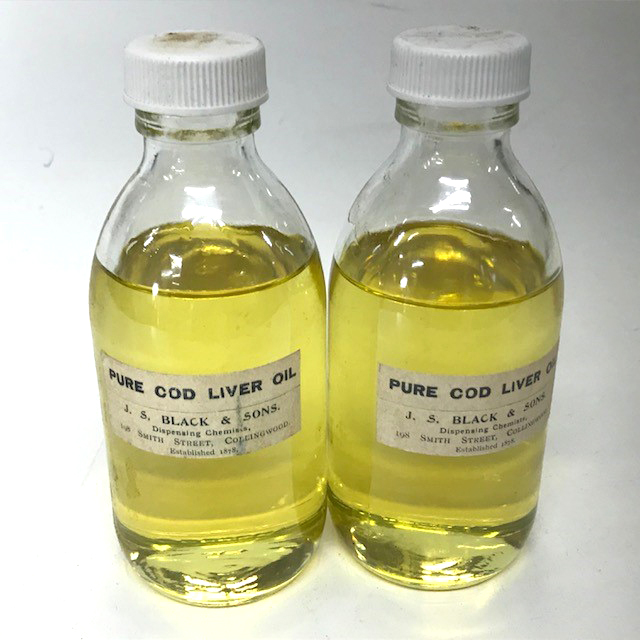 BOTTLE, Medical Brown Glass 15cmH - Cod Liver Oil Label